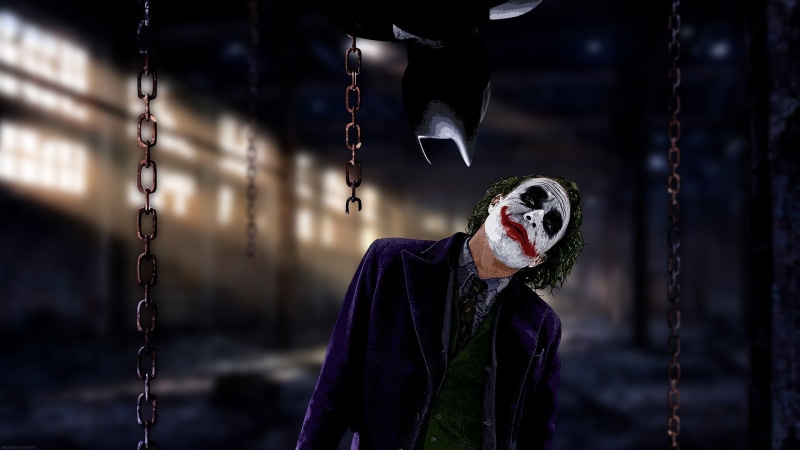 fear, winter, hairstyle, celebration, focus on foreground, looking at camera, waist up, Joker, Batman, halloween, warm clothing, clothing, chain, women