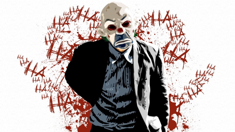 spooky, suit, 1080P, mask, looking at camera, adult, The Dark Knight, obscured face, s, three quarter length, one person, MessenjahMatt, front view, wall - building feature