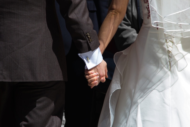ceremony, outdoors, married, couple, wedding ceremony, in love, getting married, clasping, wedding dress, hands, adult, midsection, couple - relationship