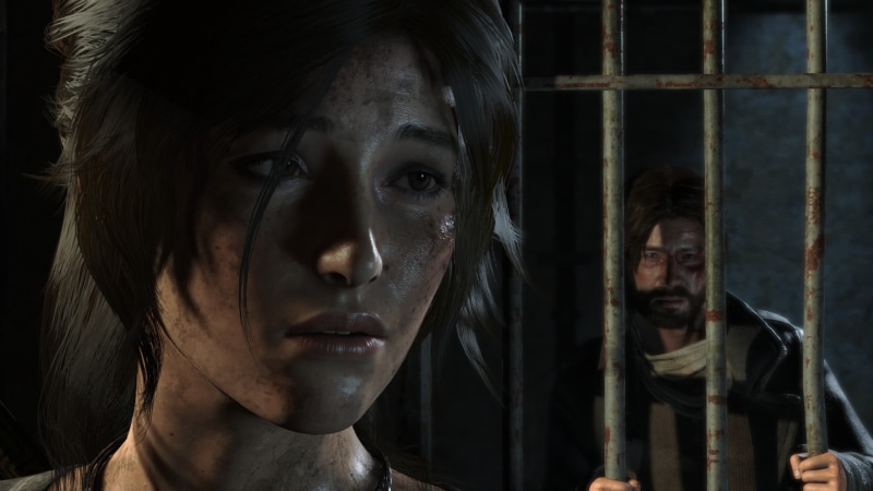 indoors, justice - concept, Lara Croft, young adult, emotion, crime, sadness, prison, Rise of the Tomb Raider, prison bars, depression - sadness, screen shot
