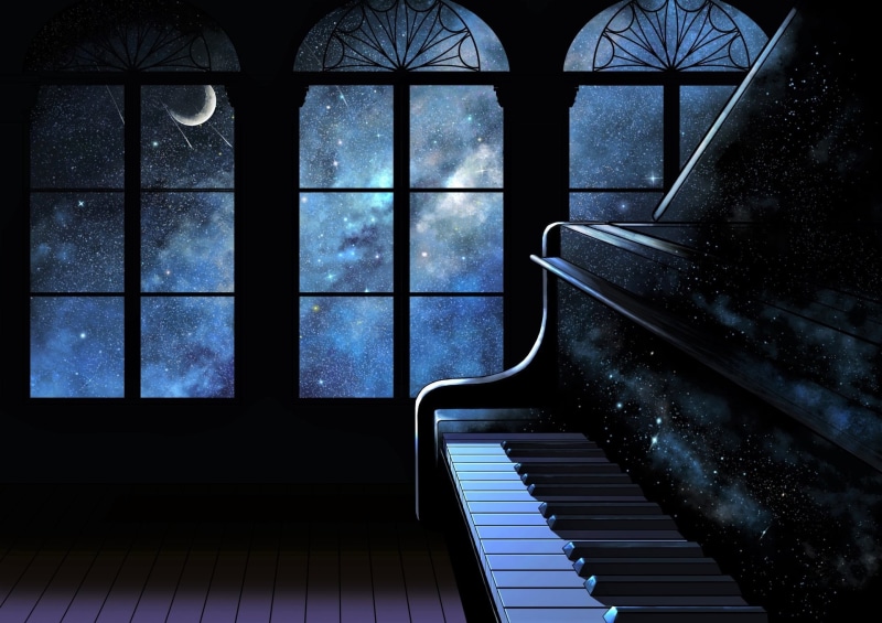 Space, 1080P, Window, Artistic, Piano, Sky, Night