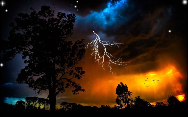 trees, thunderstorm, nature, light - Natural Phenomenon, silhouette, landscape, blue, backgrounds, plant, tree, cloud - Sky, view, beauty In Nature, black Color