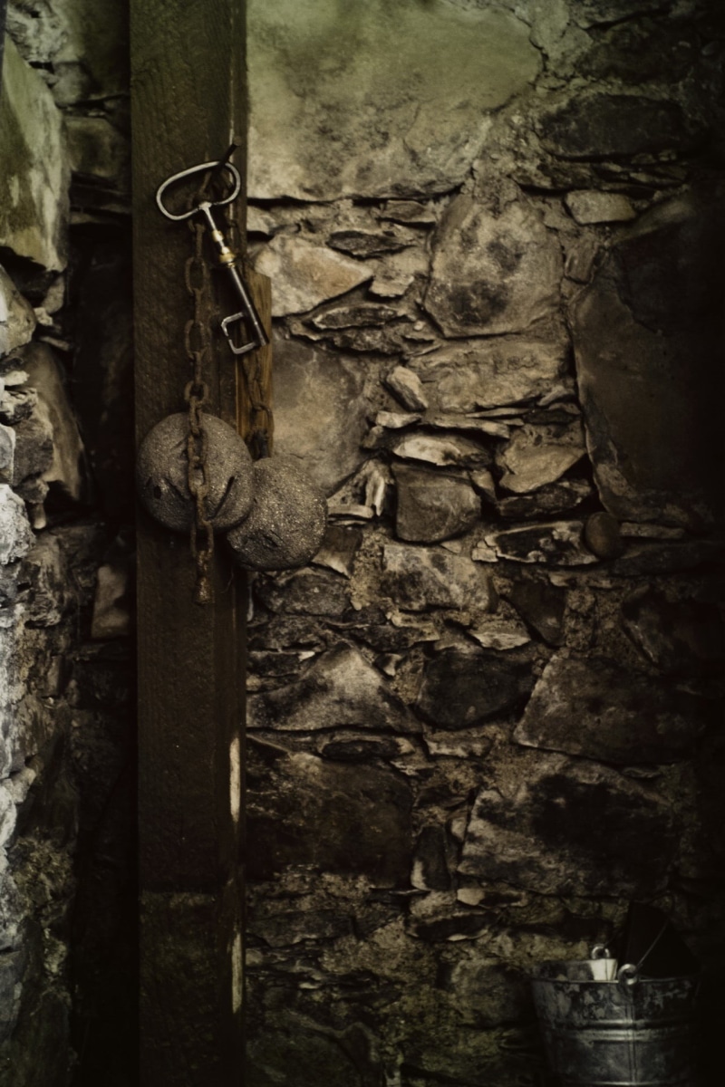 security, architecture, protection, safety, nature, key, skeleton, day, solid, door, pail, metal, wall, bucket, no people, gray, wall - building feature