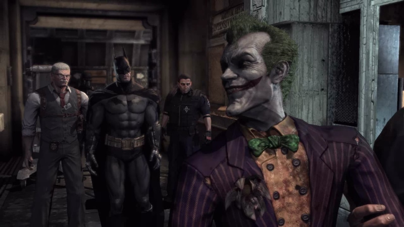 Joker, Jim Gordon, 2K, real people, clothing, architecture, aggression, art and craft, front view, Batman: Arkham Asylum, representation, mask - disguise