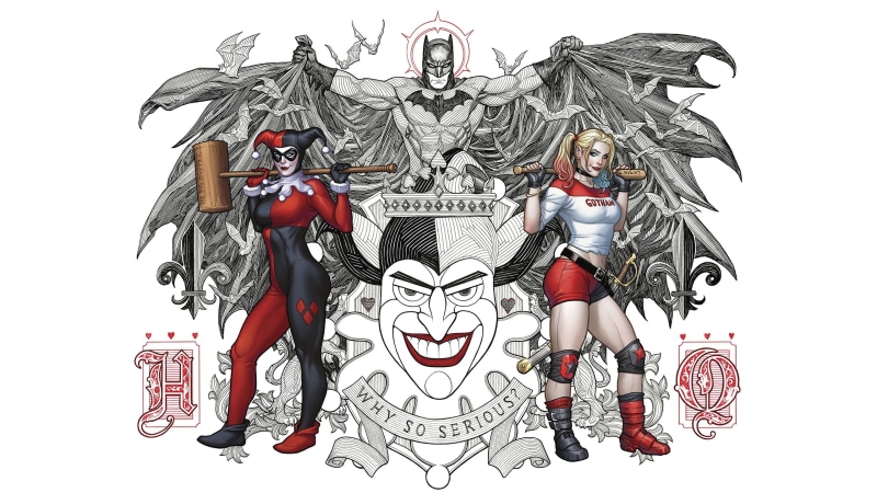 Baseball bat, Bats, Costume, Batman, Superhero, Harley Quinn, Joker, Card, Frank Cho, Hero, DC Comics, Cloak, Cards, 2K, Hammer, Comics, Why so serious?