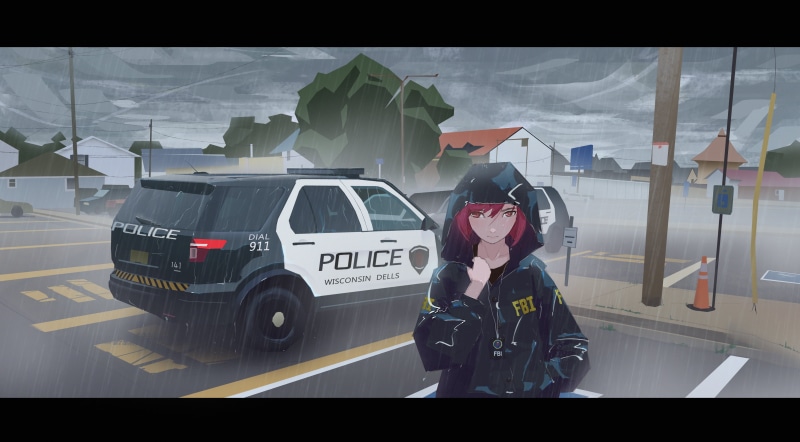 Original, 2K, Girl, Red Eyes, Police Car, Anime, Red Hair, FBI