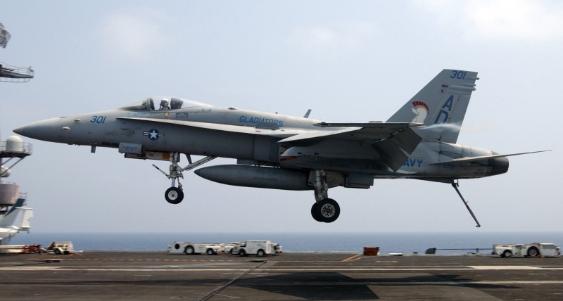 Aircraft, airport, air force, military airplane, hornet, Arrested, navy, government, arrival, side view, daytime, on the move, Jet, aircraft carrier, single object