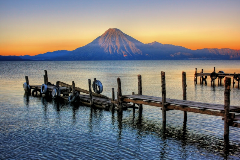 orange, Volcán San Pedro, first, dock, mountains, brown, sunlight, Group, lago, orange sky, Flickr, 4K, Trophy, Lago de Atitlan, sky, wooden, near, Panajachel