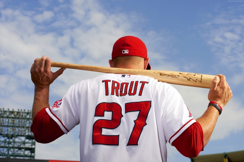 baseball bat, 2K, young adult, red, lifestyles, Mike Trout, men, Top baseball players, Baseball, nature, outdoors, sky, arms raised, sport, holding, clothing