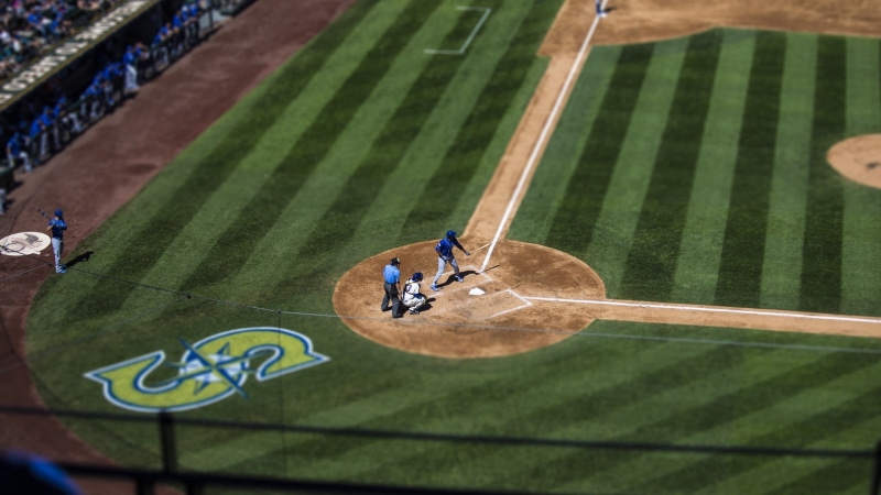 baseball bats, baseball Diamond, motion, s, 1080P, tilt shift, sport, mid-Air, field, competition, green Color, competitive Sport, full length, activity
