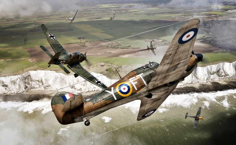 Battle of Britain, WWII, 43 Sqn RAF, The white cliffs of Dover, Ju.87B, Hawker Hurricane Mk.I, Bf.109E, 1940, 2K