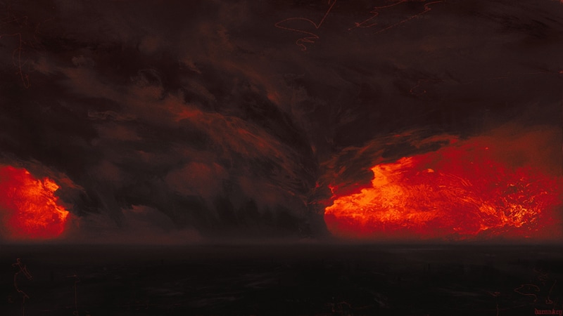 1080P, Daena Key, artwork, storm, hurricane, dark, red background, nature