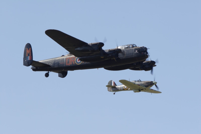 on the move, motion, low angle view, 2K, clear sky, Avro Lancaster, transportation, military, Bomber, flying, fighter plane, air vehicle, mode of transportation