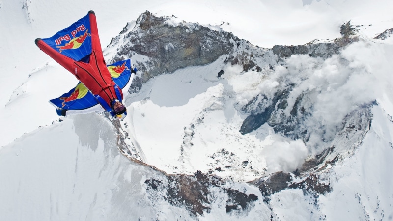flying, basejumping, winter, birds eye view, men, nature, mountains, jumping, 1080P, helmet, Red Bull, wingsuit, parachutes, clouds, sports, sport, snow