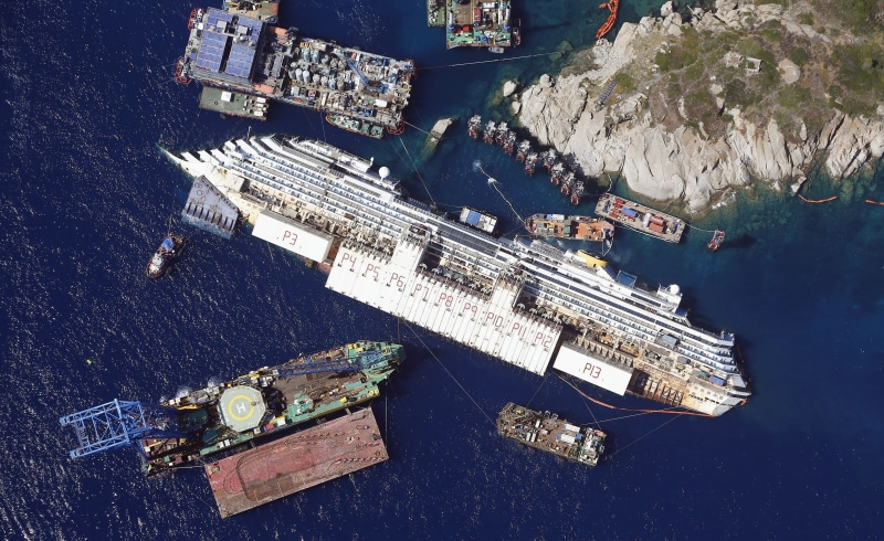 sea, Italy, cruise ship, moored, harbor, Costa Concordia, landscape, waterfront, 2K, city, cliff, white, transportation, nature, building exterior, ship