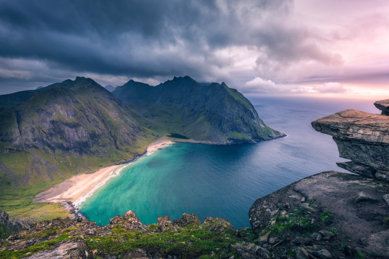 depth of field, idyllic, aerial view, beach, hills, rock, near, storm, outdoors, clouds, bay, tranquility, mountains, waves, environment, cloud - sky, turquoise colored