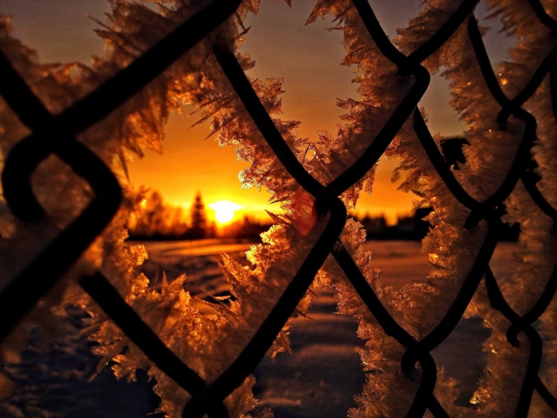 snow, hog, silhouette, winter, sky, chainlink fence, frost, fence, architecture, water, boundary, outdoors, safety, protection, beauty in nature, sunset