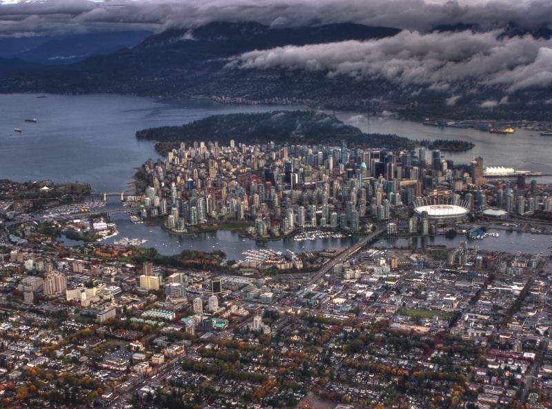 Aerial, view, townscape, Columbia, Urban, outdoors, False, Downtown, sea, crowded, Plane, residential district, high angle view, cloud - sky, Vancouver