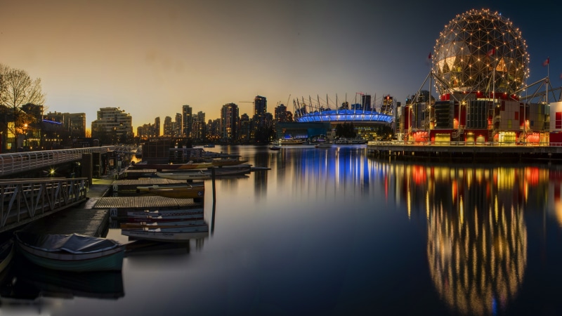 boats, photography, bay, 4K, architecture, marina, vancouver, dusk, evening, skyline, cityscape, science world, landmark, water, british columbia, night