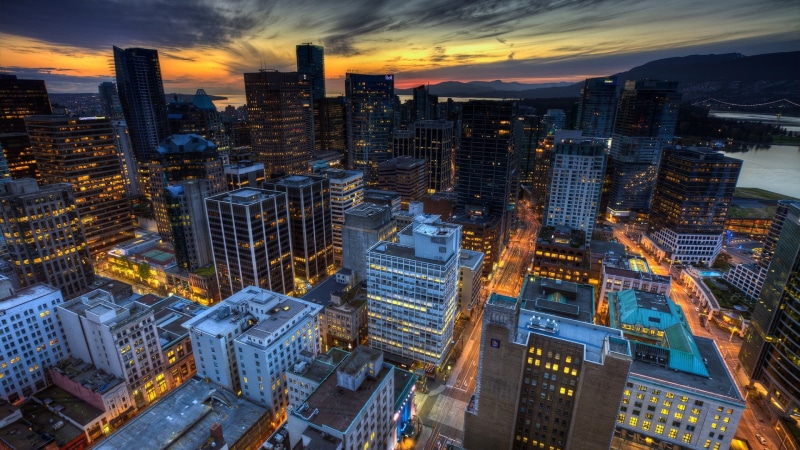 city, tower, town, tower block, illuminated, financial district, british columbia, outdoors, built structure, high angle view, crowd, downtown, 1080P