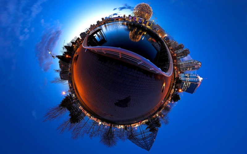 British Columbia, tiles, reflection, skyscraper, street light, Vancouver, sphere, fence, cranes (machine), town square, city, clouds, architecture, panoramic sphere