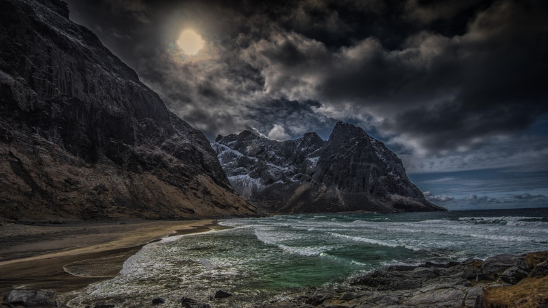 4K, island, sea, wave, coast, highland, sky, lofoten islands, ocean, atmosphere, rock, cloud, terrain, mountain, phenomenon, shore, lofoten, water, norway