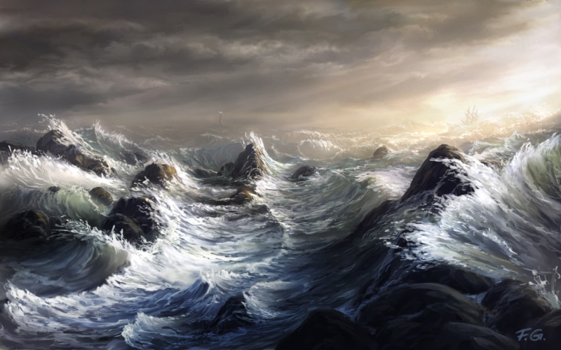 digital/artwork, ocean, 720P, drawing, lighthouse, hd, waves, storm