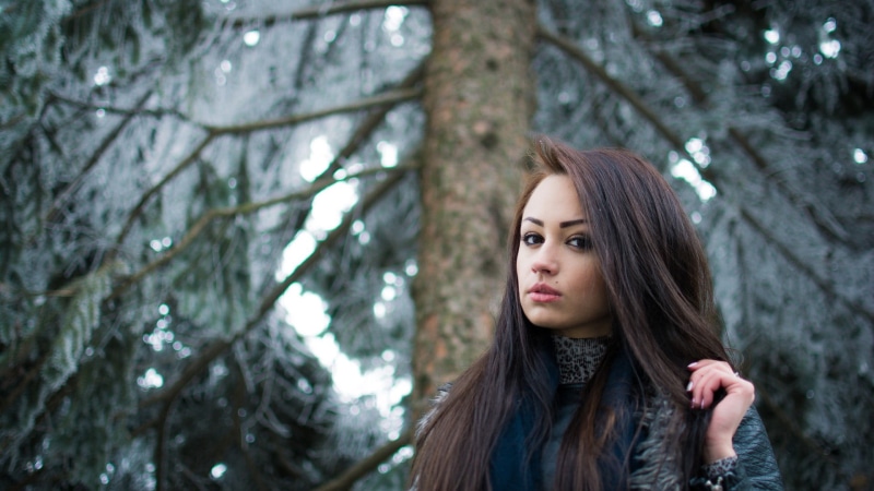 forest, winter, brown hair, hairstyle, model, plant, portrait, leisure activity, brunette, nature, 1080P, looking at camera, headshot, young women, beauty