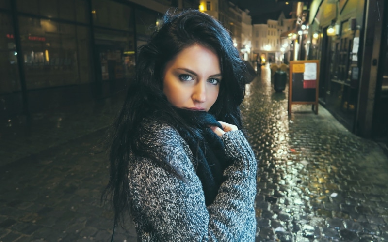 model, Black Scarf, street, blue eyes, Aurela Skandaj, sweater, face, women outdoors, 1080P, women, brunette, black hair, city, scarf, long hair, grey sweater