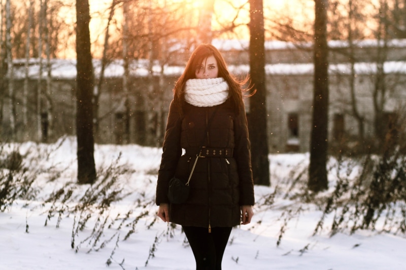 young women, sunset, Public, 2K, brunette, black pants, winter, nature, women, long hair, tree, scarf, lifestyles, warm clothing, white color, front view