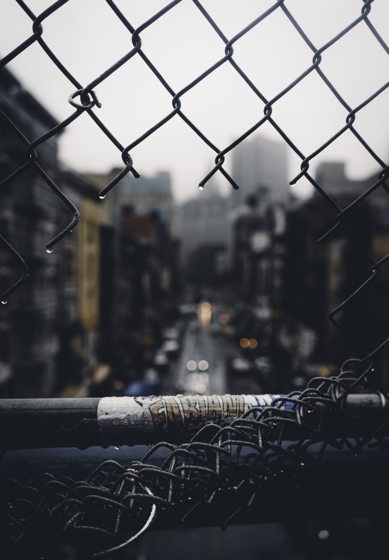 rain, wire, street, mode of transportation, ny, safety, day, transportation, mood, architecture, cut, building, nyc, urban, built structure, banister, metal