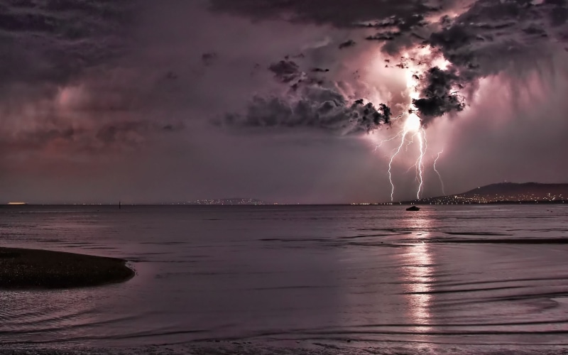 water, horizon over water, storm, clouds, outdoors, lightning, no people, cloud - sky, land, digital art, ominous, beauty in nature, body, 2K, dramatic sky