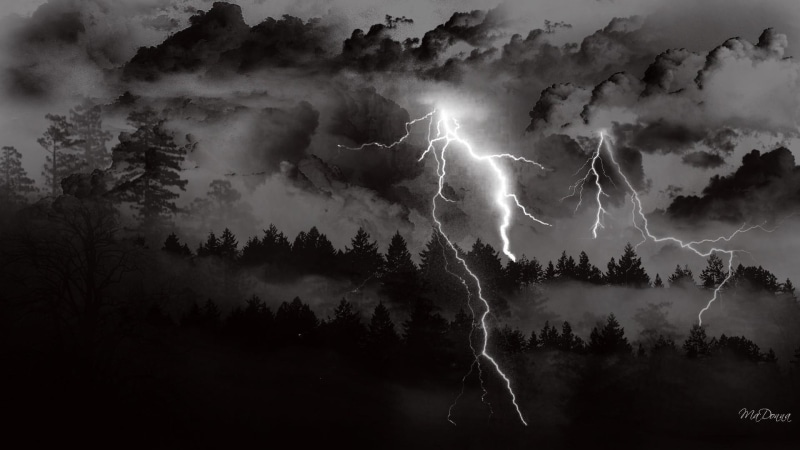 clouds, widescreen, 3d and abstract, coming, dark, storm, lightning, forest, trees, 1080P