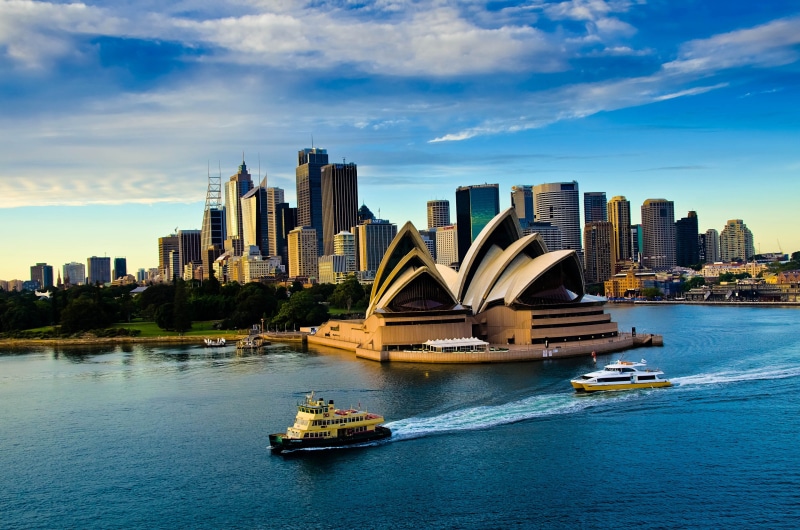 sky, Australia, opera, evening, theater, Sea, house, 2K, ship, clouds, Sydney