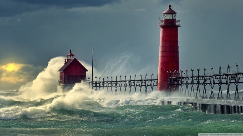 tower, lighthouse, built structure, water, architecture, building exterior, sky, cloud - sky, concrete, nature, 1080P, motion, waterfront, storm, power