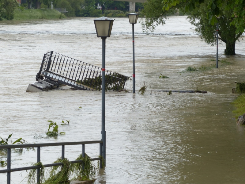 peak, damage, nature, wet, wood - material, railing, flood disaster, street, danube, gone down, high angle view, climate protection, extreme weather, rainy season