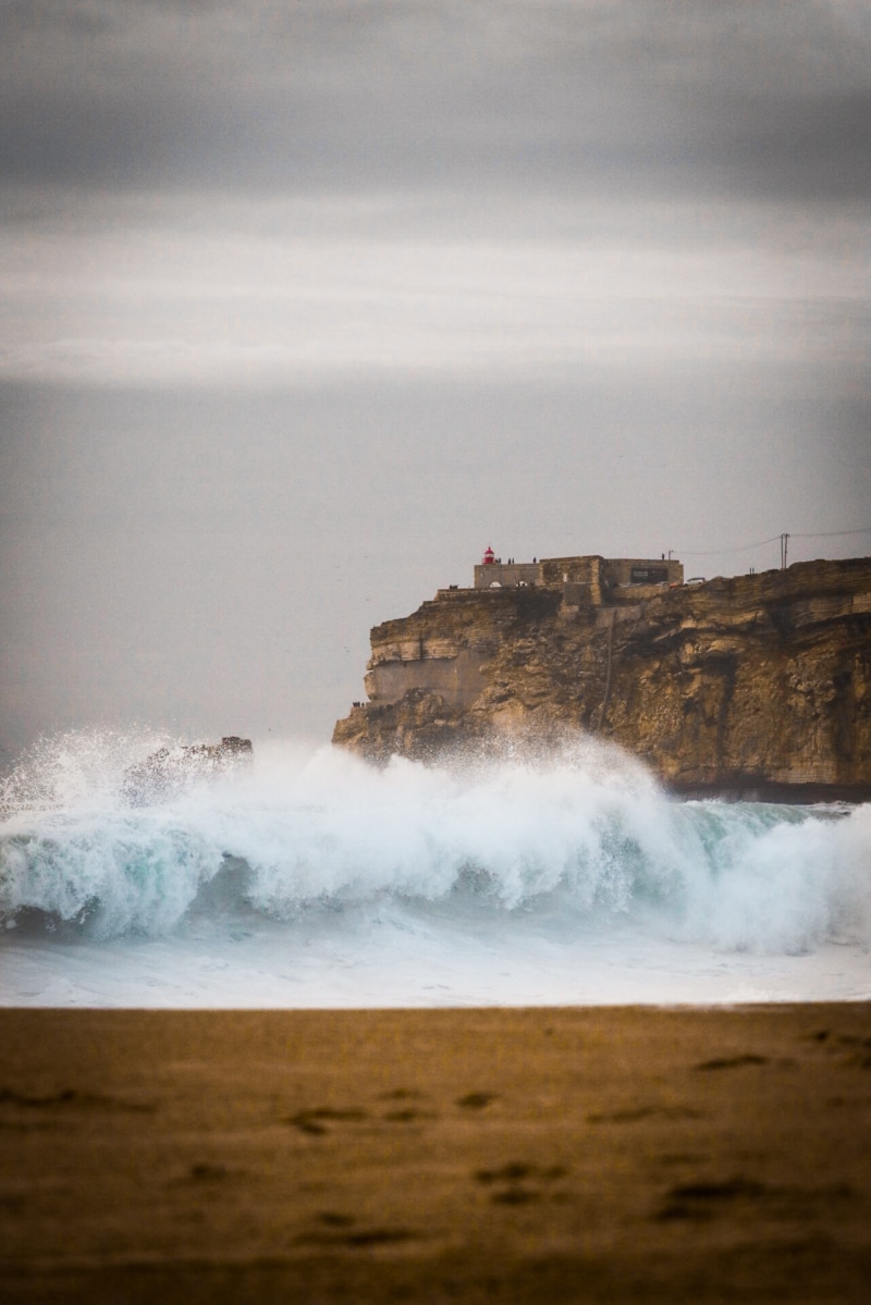 horizon, hitting, architecture, power in nature, promontory, power, sand, 8K, portugal, scenics - nature, scenery, river, motion, day, water, sea waves
