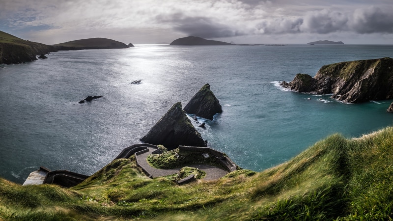 cliff, sea, Kerry, photography, green grass, rock, atlantic Ocean, Dunquin, hill, harbour, outdoor, clouds, around, coastline, Ireland, lines, blue sea