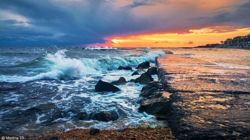 dusk, beach, rock - Object, weather, seascape, outdoors, scenics, 1080P, storm, seawave, Sunset, landscape, sea, daytime, water, sky, nature, wave, blue