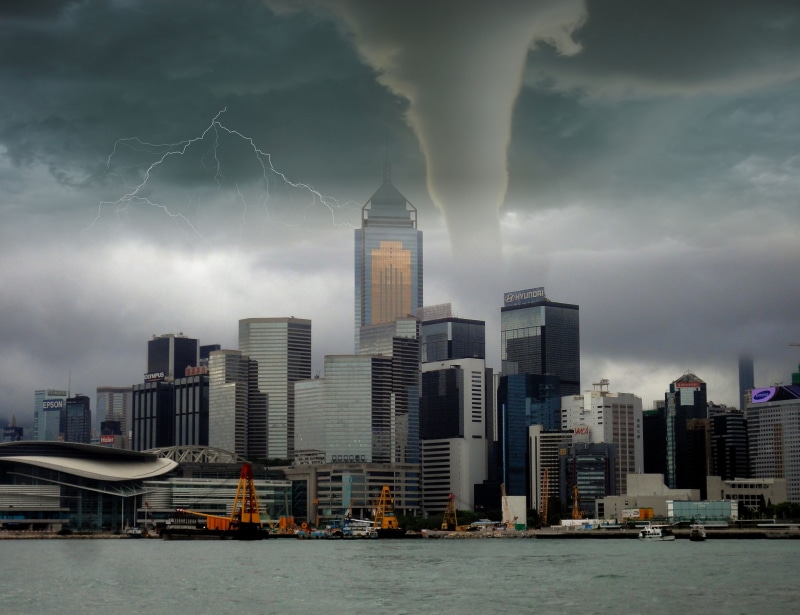 no people, architecture, city, building exterior, landscape, disaster, nature, pollution, office building exterior, cityscape, natural disaster, thunderstorm
