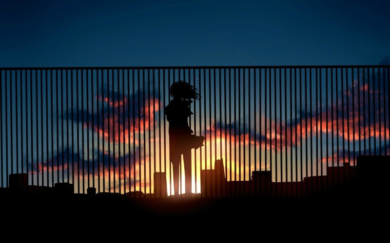 night, building exterior, architecture, anime girls, lifestyles, black, men, nature, fence, built structure, silhouette, 1080P, one person, digital art