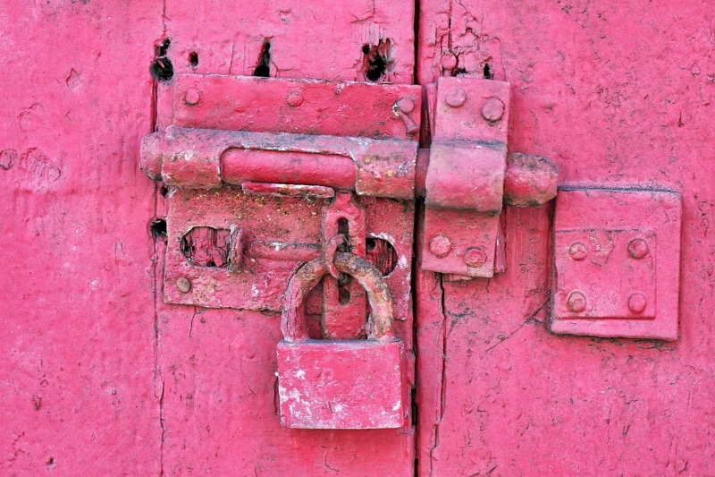 latch, closed, metal, door, gate, lock, padlock, full frame, steel, old, pink color, dirty, day, iron, architecture, retro, no people, safety, security