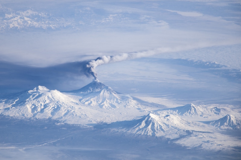 volcano, cold temperature, weather, tranquility, winter, volcanic crater, nature, mountain peak, cloud - sky, aerial view, kliuchevskoi volcano, beauty in nature
