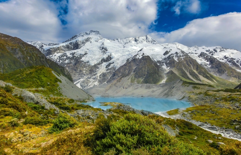 beauty in nature, glacier, landscape photography, orange, plant, day, rock, sun, still, water, meadow, endless, blue, cold temperature, flower meadow, green