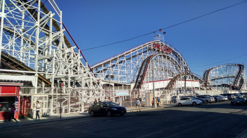 transportation, sky, car, city, 4K, building exterior, travel, ferris wheel, travel destinations, coney, outdoors, oldest, motor vehicle, cyclone, island