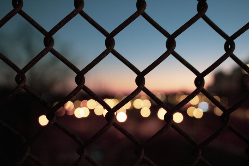 protection, pattern, metal, outdoors, dusk, illuminated, full frame, photography, focus, no people, chainlink fence, blurred background, light, selective