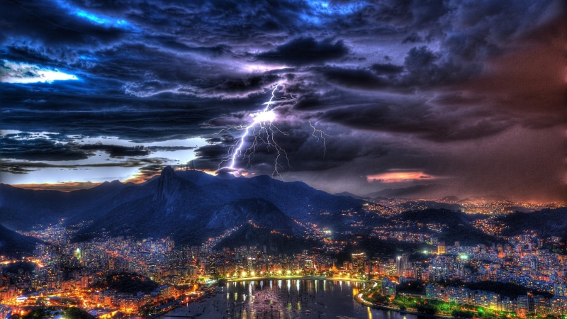storm, south america, brazil, phenomenon, rio de janeiro, darkness, weather, night sky, cityscape, city lights, 4K, night, rio, city, evening, lightning