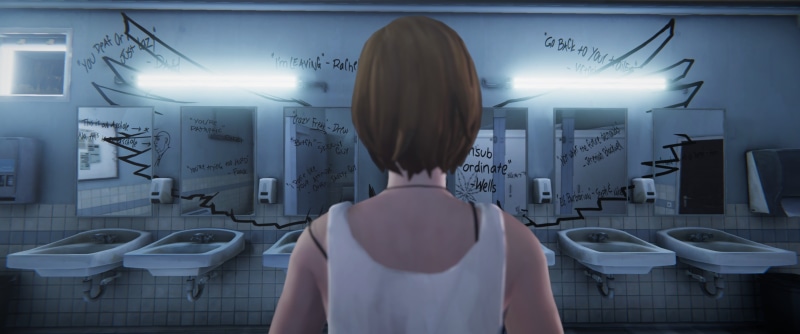 adult, illuminated, technology, waist up, hairstyle, indoors, lighting equipment, bathroom, young adult, Life is Strange Before the Storm, domestic room