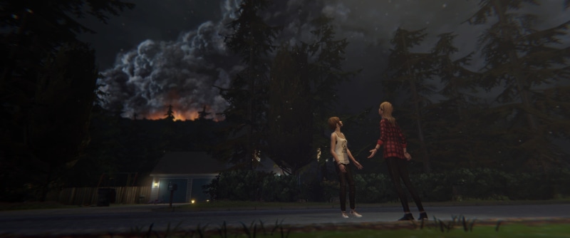tree, built structure, night, real people, men, burning, plant, architecture, building exterior, 2K, smoke - physical structure, clothing, Life Is Strange