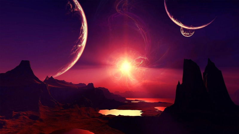 shape, astronomy, silhouette, alien planet, sunset, moons, environment, pink, planets, cloud - sky, sky, moon, moonlight, futuristic, tranquility, pink sky